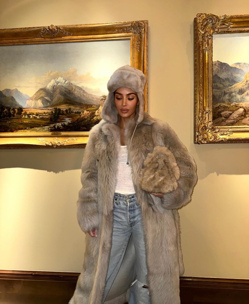 Kim Kardashian channels Kanye West’s companion Bianca Censori by carrying nothing however a fur coat, tights